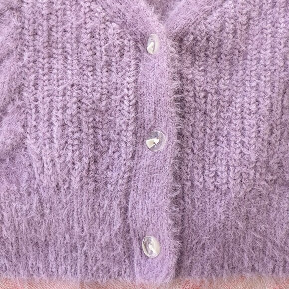 Fuzzy Lavender Crop Cardigan Sweater Small Cable Knit Button Up Purple Pastel - Picture 6 of 7